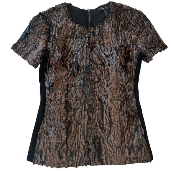 BcbgMaxAzria Tulum brown black faux fur short sleeve zipper back top size XS - Picture 3 of 9